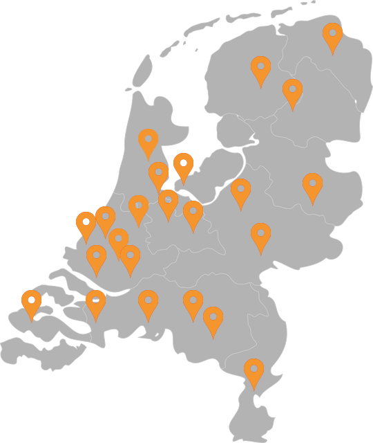 Kaart van Nederland met locaties waar Burnout Centrum Nederland actief is